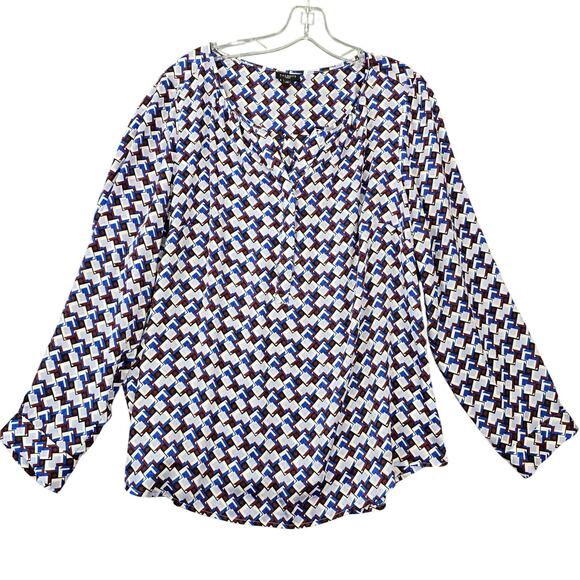 Talbots White Blue Shirt Blouse Geometric Print Long Sleeve Button Women Plus 1X - Picture 1 of 7